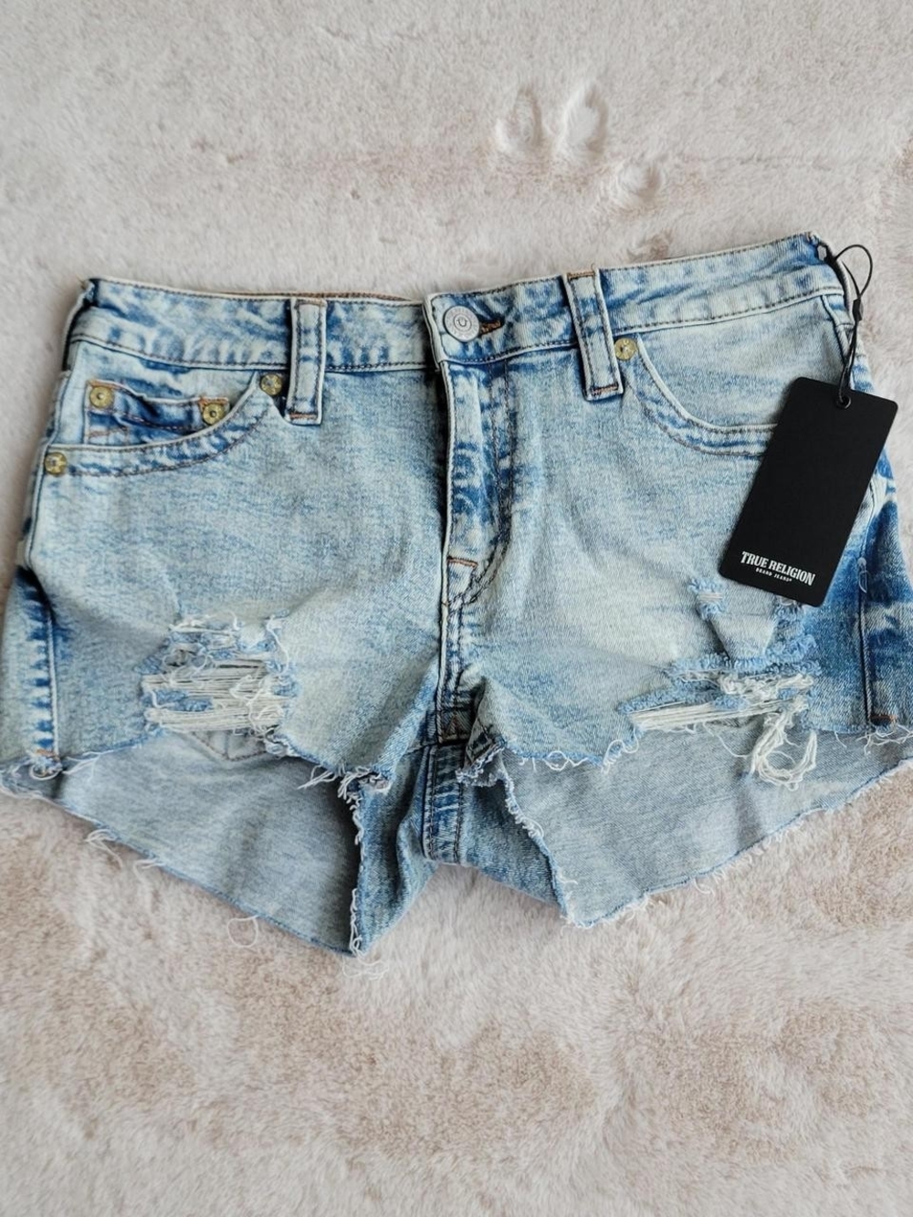 True Religion Women's Light Wash Distressed Denim Shorts - Light Blue